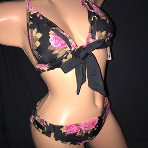 Betsey Johnson pink black chez rose bow bikini swimsuit vintage rockabilly pinup